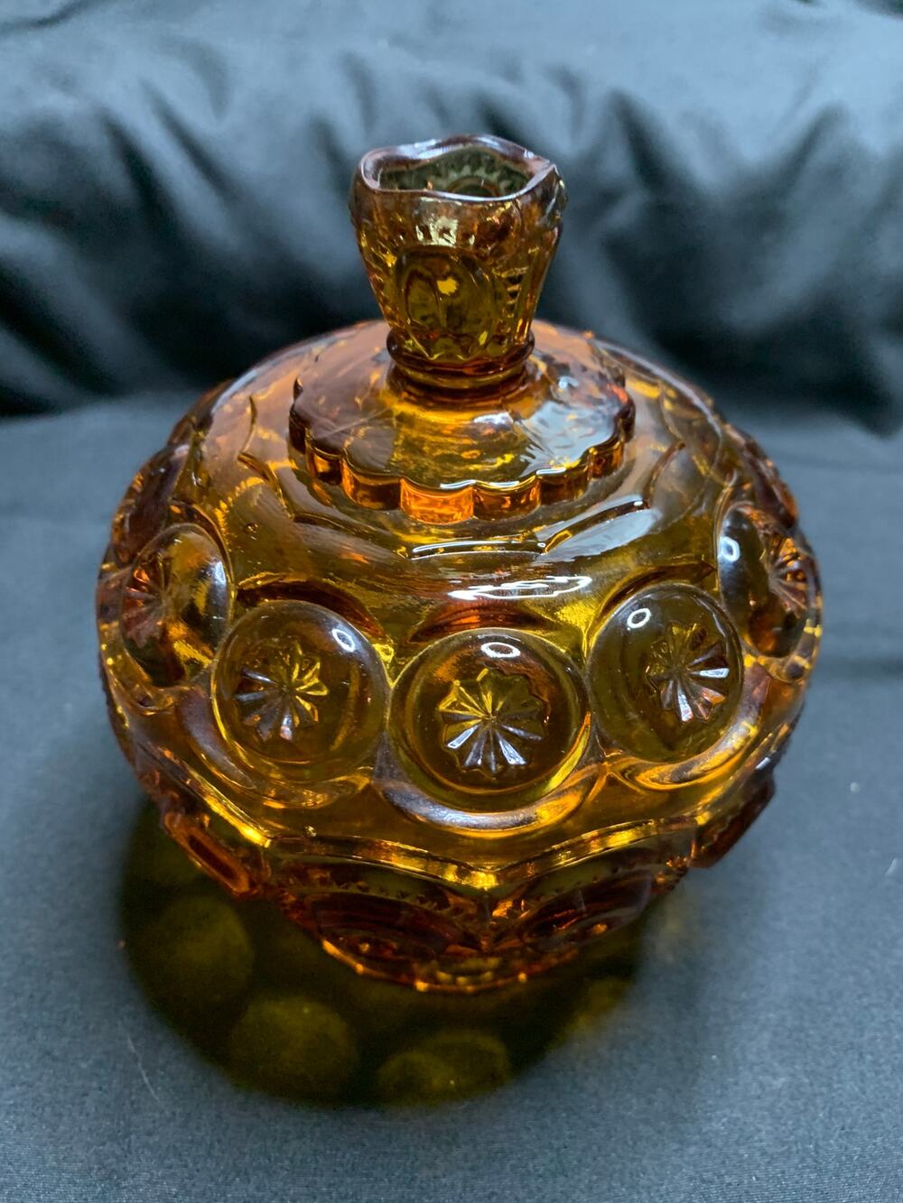 Vintage L.E. Smith Moon & Stars Amber Glass Covered Candy Dish Compote